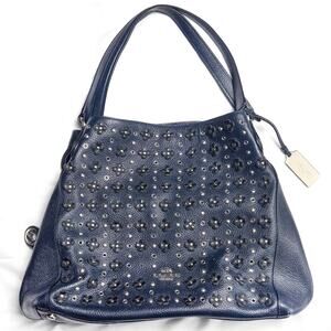 COACH Edie 31 Floral Rivets Studded Hobo Bag Navy Leather Romantic Boho